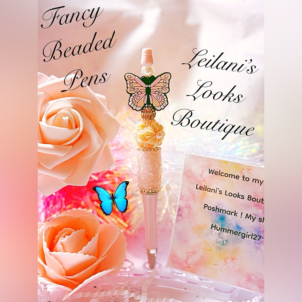 Fancy beaded pen/gifts/pink butterfly/pink beads/girly